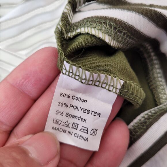 Women  Round Neck Green Olive Striped Trim Pullover Long Sleeve Top Size Large - Picture 6 of 8